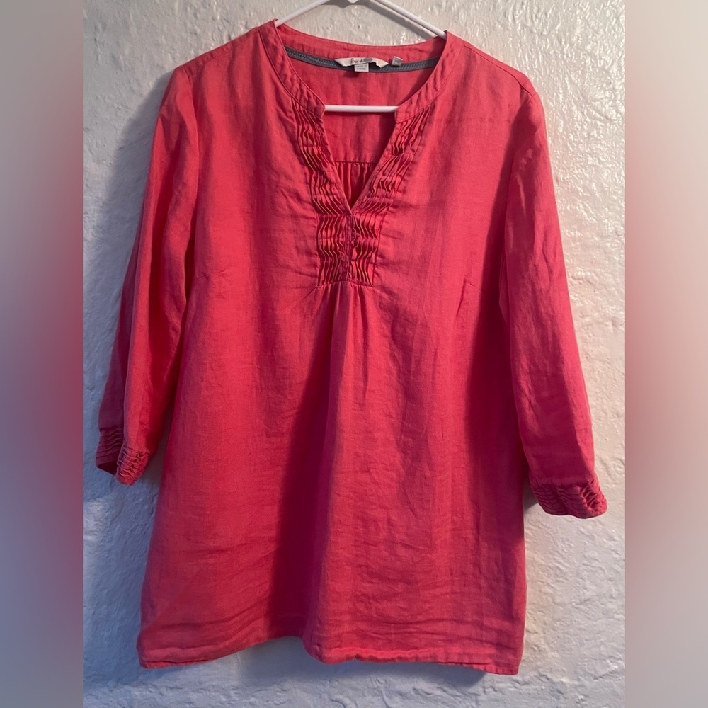 Boden Womens 3/4 Sleeve Coral Pink Color V-Neck Linen Solid Blouse Pink Size 10